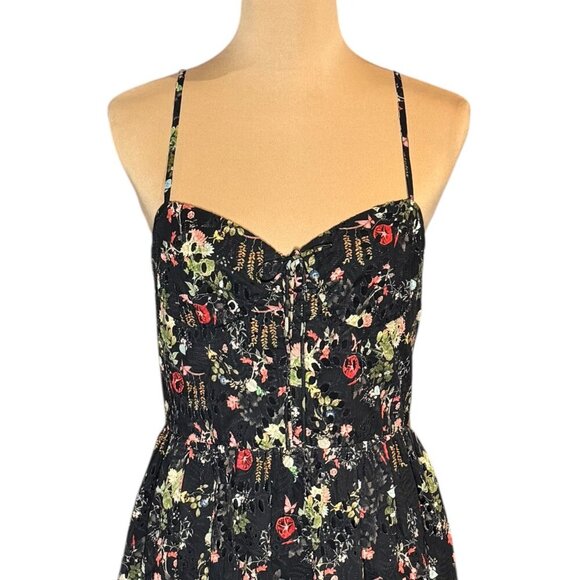 ALICE + OLIVIA Daisy Tiered Mini Dress Sz.10 Dark Floral Black Eyelet Tie-Front - Picture 3 of 16